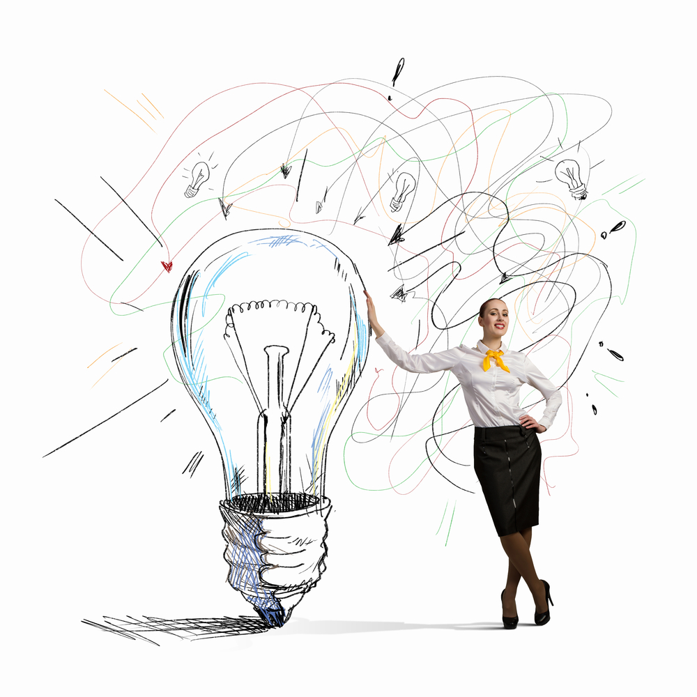 Image of businesswoman leaning on bulb. Idea concept